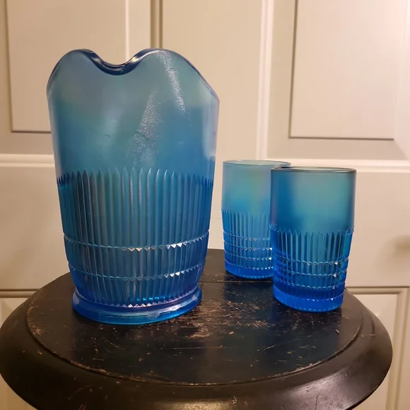 Fenton Celeste Blue Irridescent 90th Anniversary Pitcher and 2 Tumblers - Picture 4 of 11